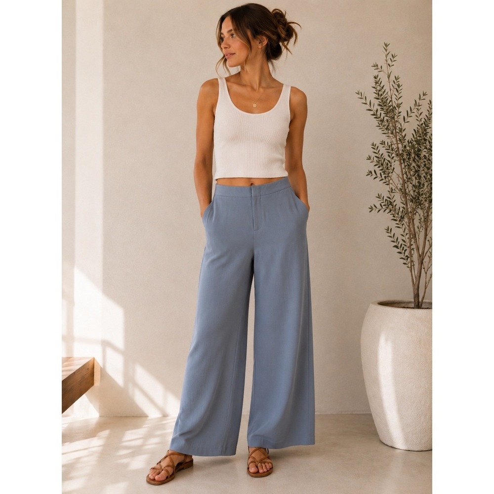 Reformation Vesta Wide Leg Pants Dusty Blue Petite 8P Sustainable Trousers